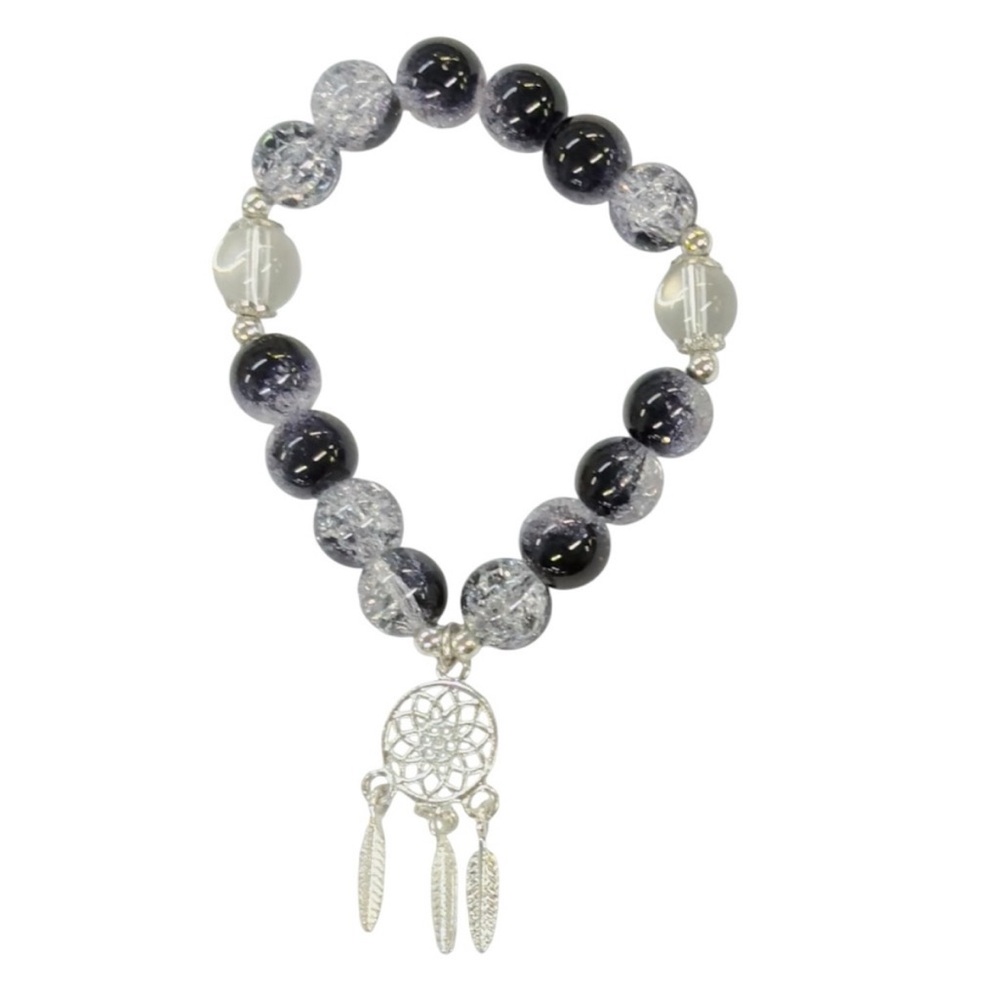 UNBRANDED Classic Black And White CRACKLE Glass BEAD Stretch Bracelet
